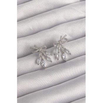 Pirinç Gümüş Renk Zirkon Taşlı Fiyonk Küpe