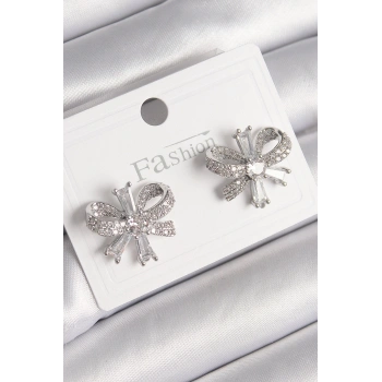 Pirinç Gümüş Renk Zirkon Taşlı Fiyonk Model Kadın Küpe