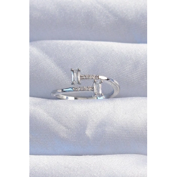 Pirinç Gümüş Renk Zirkon Taşlı Geometrik Ayarlanabilir Yüzük