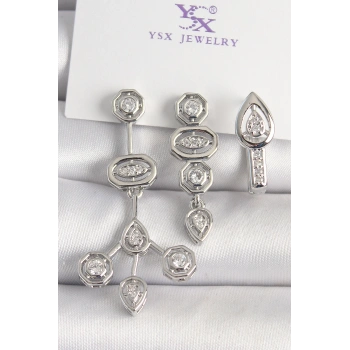 Pirinç Gümüş Renk Zirkon Taşlı Geometrik Model 3Lü Kadın Kombin Küpe