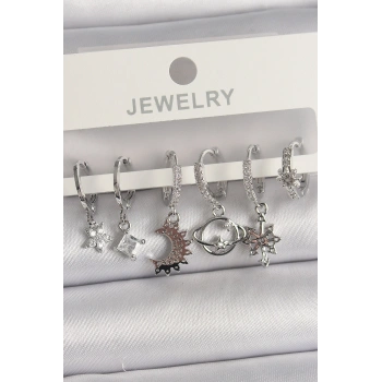 Pirinç Gümüş Renk Zirkon Taşlı Gezgen Model Kadın Küpe Seti