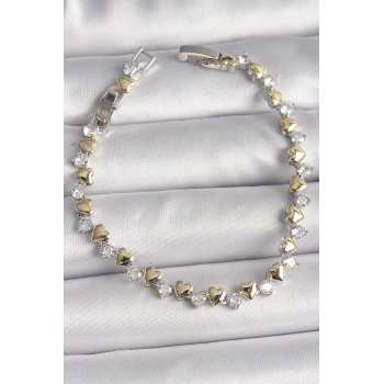 Pirinç Gümüş Renk Zirkon Taşlı Gold Kalpli VIP Seri Kadın Bileklik