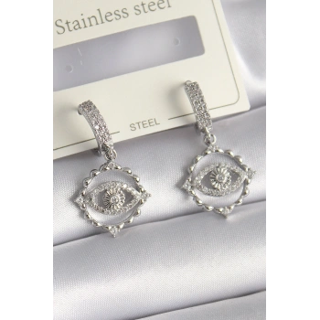 Pirinç Gümüş Renk Zirkon Taşlı Göz Model Kadın Küpe