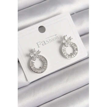 Pirinç Gümüş Renk Zirkon Taşlı Halka Model Çiçek Figür Kadın Küpe