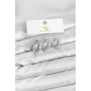 Pirinç Gümüş Renk Zirkon Taşlı Halka Model YSX Trio Küpe Seti