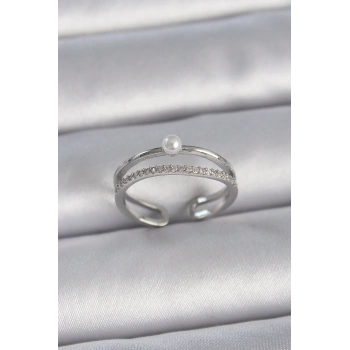 Pirinç Gümüş Renk Zirkon Taşlı İnci Detay Ayarlanabilir Model Kadın Yüzük