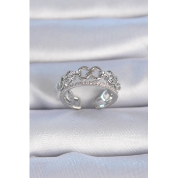Pirinç Gümüş Renk Zirkon Taşlı İnci Detay Kadın Yüzük
