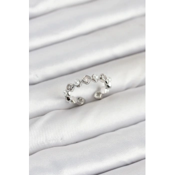 Pirinç Gümüş Renk Zirkon Taşlı İncili Kadın Yüzük