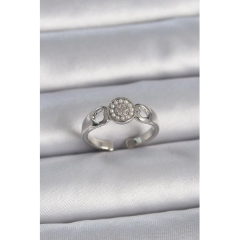 Pirinç Gümüş Renk Zirkon Taşlı İncili Kalp İşleme Detay Ayarlanabilir Model Kadın Yüzük