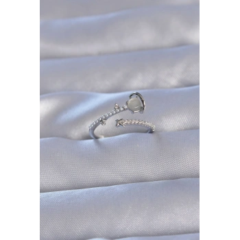 Pirinç Gümüş Renk Zirkon Taşlı İncili Satürn Model Ayarlanabilir Yüzük