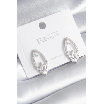 Pirinç Gümüş Renk Zirkon Taşlı Kadın Küpe