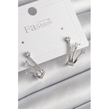 Pirinç Gümüş Renk Zirkon Taşlı Kadın Küpe