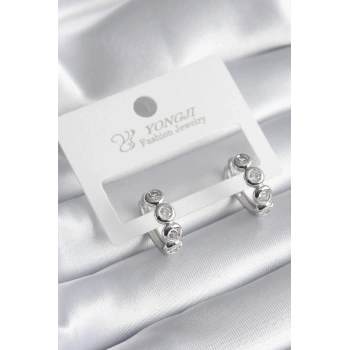 Pirinç Gümüş Renk Zirkon Taşlı Kadın Küpe