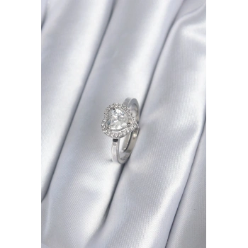 Pirinç Gümüş Renk Zirkon Taşlı Kalp Charm Model Kadın Yüzük