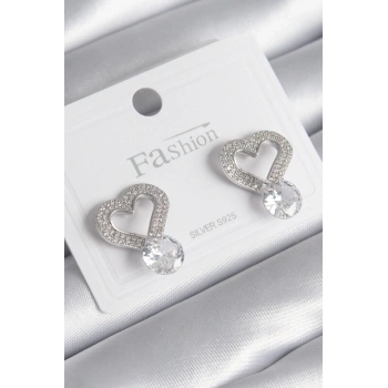 Pirinç Gümüş Renk Zirkon Taşlı Kalp Model Damla Zirkon Taş Detay Kadın Küpe