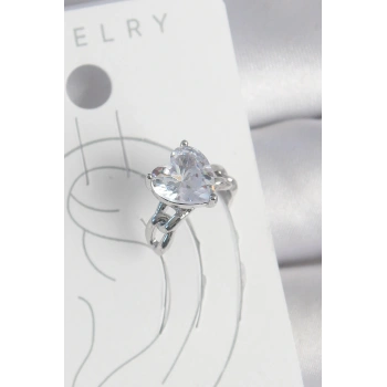 Pirinç Gümüş Renk Zirkon Taşlı Kalp Model Kadın Kıkırdak Küpe