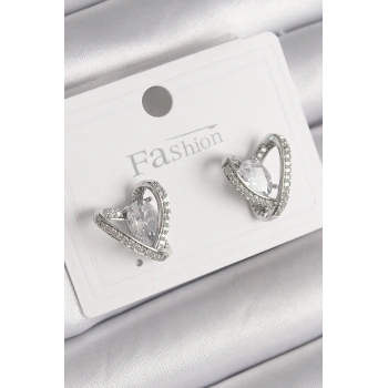 Pirinç Gümüş Renk Zirkon Taşlı Kalp Model Kadın Küpe