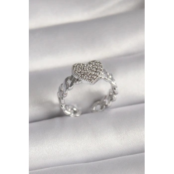 Pirinç Gümüş Renk Zirkon Taşlı Kalp Model Kadın Yüzük