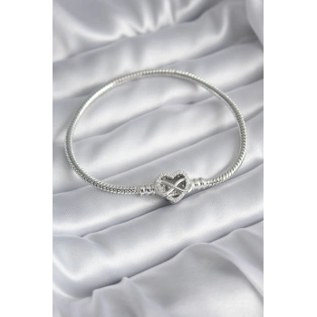 Pirinç Gümüş Renk Zirkon Taşlı Kalp Sonsuzluk Model Charm Kadın Bileklik