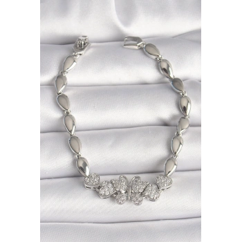 Pirinç Gümüş Renk Zirkon Taşlı Kelebek Figür Damla Zincir Model Kadın Bileklik