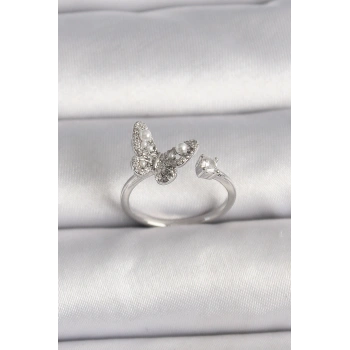 Pirinç Gümüş Renk Zirkon Taşlı Kelebek Model İnci Detay Ayarlanabilir Yüzük