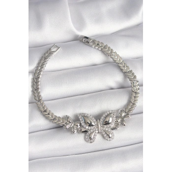 Pirinç Gümüş Renk Zirkon Taşlı Kelebek Model Kadın Bileklik