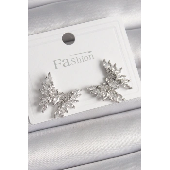 Pirinç Gümüş Renk Zirkon Taşlı Kelebek Model Kadın Küpe