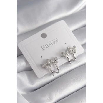 Pirinç Gümüş Renk Zirkon Taşlı Kelebek Model Kadın Küpe