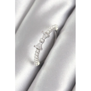 Pirinç Gümüş Renk Zirkon Taşlı Kurdele Model İnci Detay Kadın Yüzük