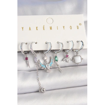 Pirinç Gümüş Renk Zirkon Taşlı Kuş Figür Çiçek Detay 6Lı Kadın Kombin Küpe