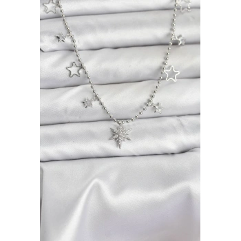 Pirinç Gümüş Renk Zirkon Taşlı Kutup Yıldızı Model Kadın Kolye