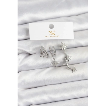 Pirinç Gümüş Renk Zirkon Taşlı Kutup Yıldızı Model YSX Trio Küpe Seti