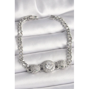 Pirinç Gümüş Renk Zirkon Taşlı Leopar Figür Zincir Model Kadın Bileklik