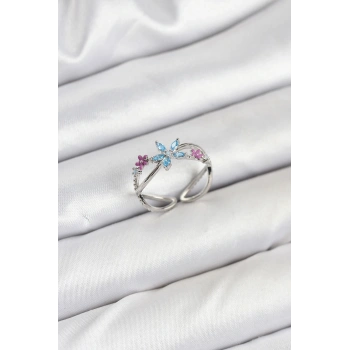 Pirinç Gümüş Renk Zirkon Taşlı Mavi Çiçekli Kadın Yüzük