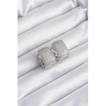 Pirinç Gümüş Renk Zirkon Taşlı Minimal Halka Küpe