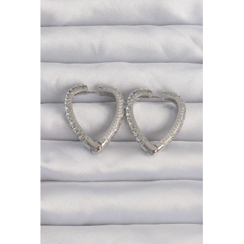 Pirinç Gümüş Renk Zirkon Taşlı Motifli Kalp Küpe