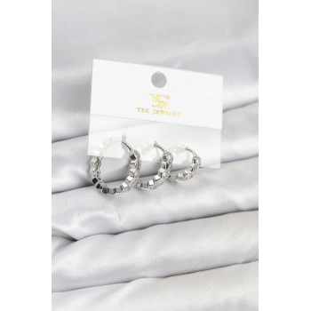 Pirinç Gümüş Renk Zirkon Taşlı Petek Halka Model YSX Trio Küpe Seti