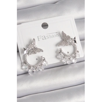 Pirinç Gümüş Renk Zirkon Taşlı Sallantı Detay Kelebek Model Kadın Küpe