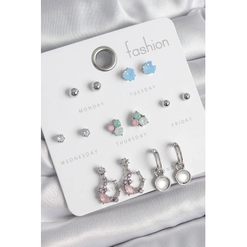 Pirinç Gümüş Renk Zirkon Taşlı Sallantı Halka Model Çiçek Detay 7 Çift Kadın Küpe Seti