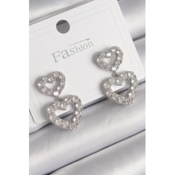 Pirinç Gümüş Renk Zirkon Taşlı Sallantı Kalp Model Kadın Küpe