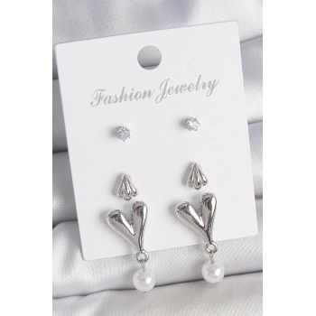 Pirinç Gümüş Renk Zirkon Taşlı Sallantılı Kalp Model 3 Çift Kadın Küpe Seti