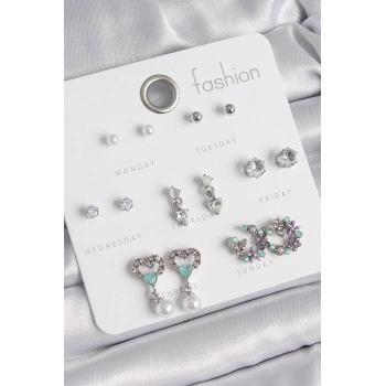 Pirinç Gümüş Renk Zirkon Taşlı Sallantılı Kalp Model Çiçek Detay 7 Çift Kadın Küpe Seti