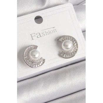 Pirinç Gümüş Renk Zirkon Taşlı Salyangoz Model İnci Detay Kadın Küpe