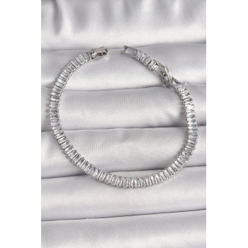 Pirinç Gümüş Renk Zirkon Taşlı Su Yolu Model Kadın Bileklik
