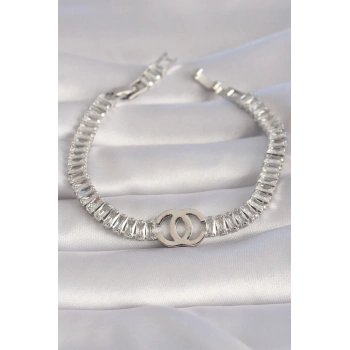 Pirinç Gümüş Renk Zirkon Taşlı Su Yolu Model VIP Seri Kadın Bileklik