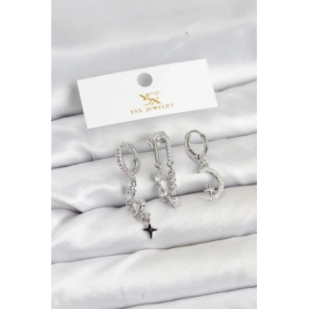 Pirinç Gümüş Renk Zirkon Taşlı Uzay Model YSX Trio Küpe Seti