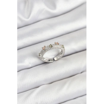 Pirinç Gümüş Renk Zirkon Taşlı Vintage Kadın Yüzük