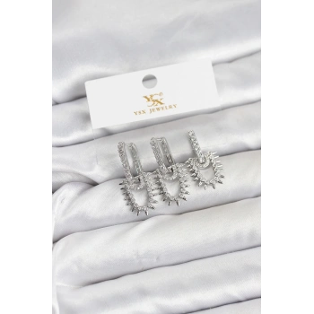 Pirinç Gümüş Renk Zirkon Taşlı Vintage Model YSX Trio Küpe Seti