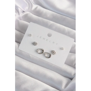 Pirinç Gümüş Renk Zirkon Taşlı Yaprak Model Küpe Seti