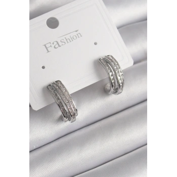 Pirinç Gümüş Renk Zirkon Taşlı Yarım Halka Model Kadın Küpe